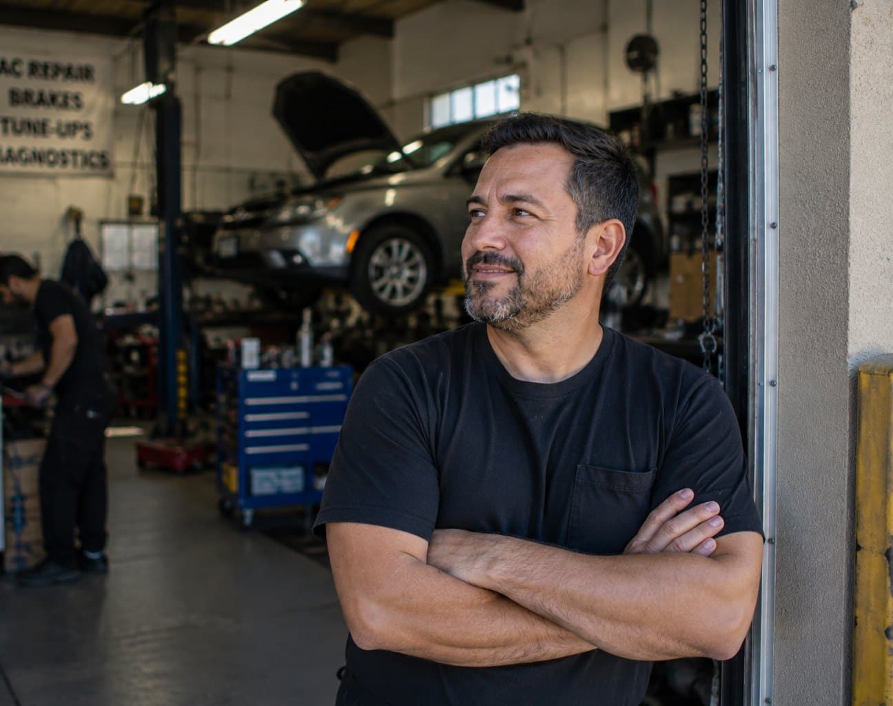 An auto shop owner leans in his garage doorway with arms crossed while a technician works on a lifted car behind him.